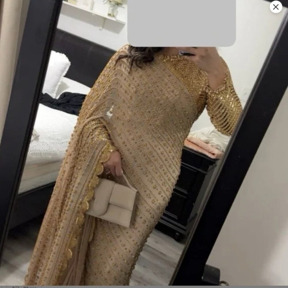 Hand Embroidered Beige Chiffon Saree / Sari with heavy sequence work - Picture 3 of 11